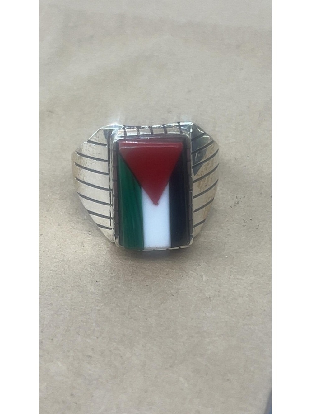 Navajo sterling silver inlay coral multi stone occupied Palestine flag ring size